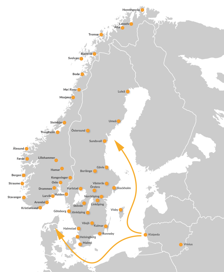 A map showing the traffic from the Baltics to the Scandinavia