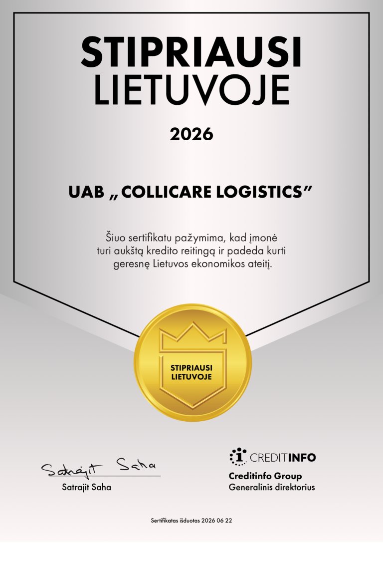 ColliCare Logistics Stipriausi Lietuvoje 2026 sertifikatas